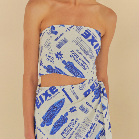 Vestido Cropped Ombros De Fora Estampado Peixe Fre