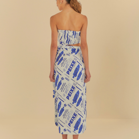 Vestido Cropped Ombros De Fora Estampado Peixe Fre