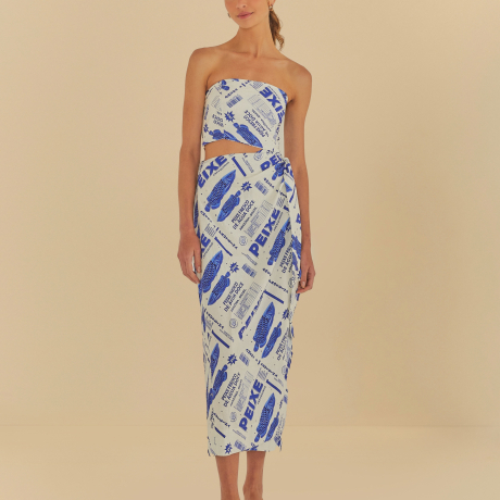 Vestido Cropped Ombros De Fora Estampado Peixe Fre