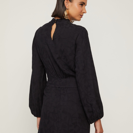 Vestido Curto Manga Longa Gola Alta Saia Pareô De Jacquard De Viscose Preto