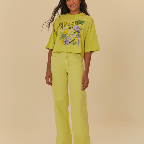 Calça Sarja Recorte Amarelo Neon