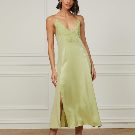 Vestido De Seda Midi Verde Com Aplicação De Renda