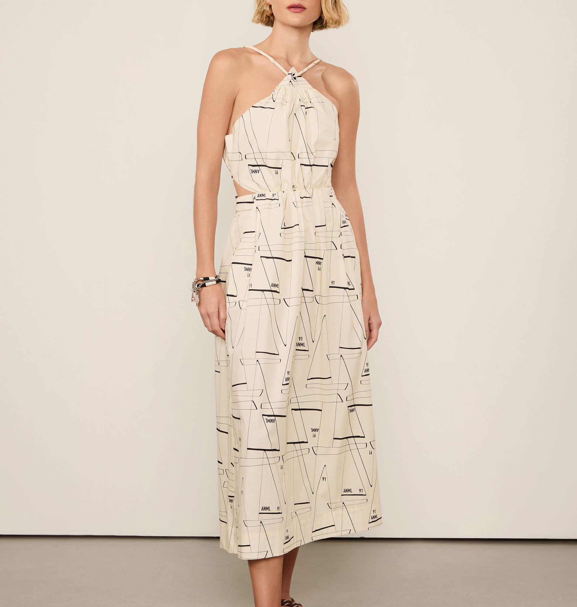 Vestido De Algodão Midi Recortes Estampado