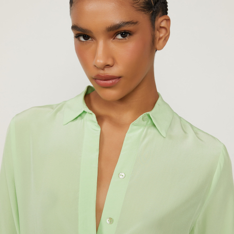 Camisa De Seda Básica Verde Manga Longa